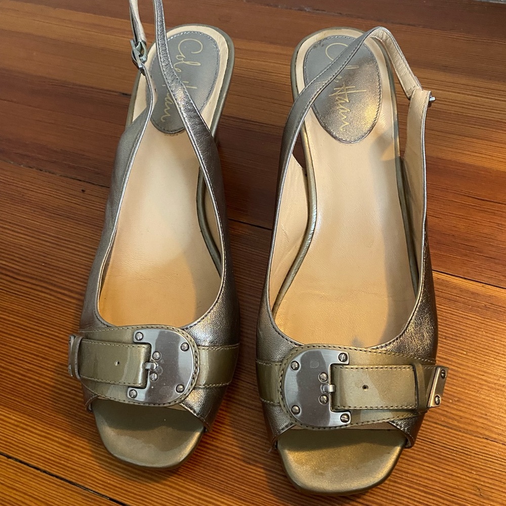 New Gold Coke Haan Peep Toe Buckle 2.5” Heels